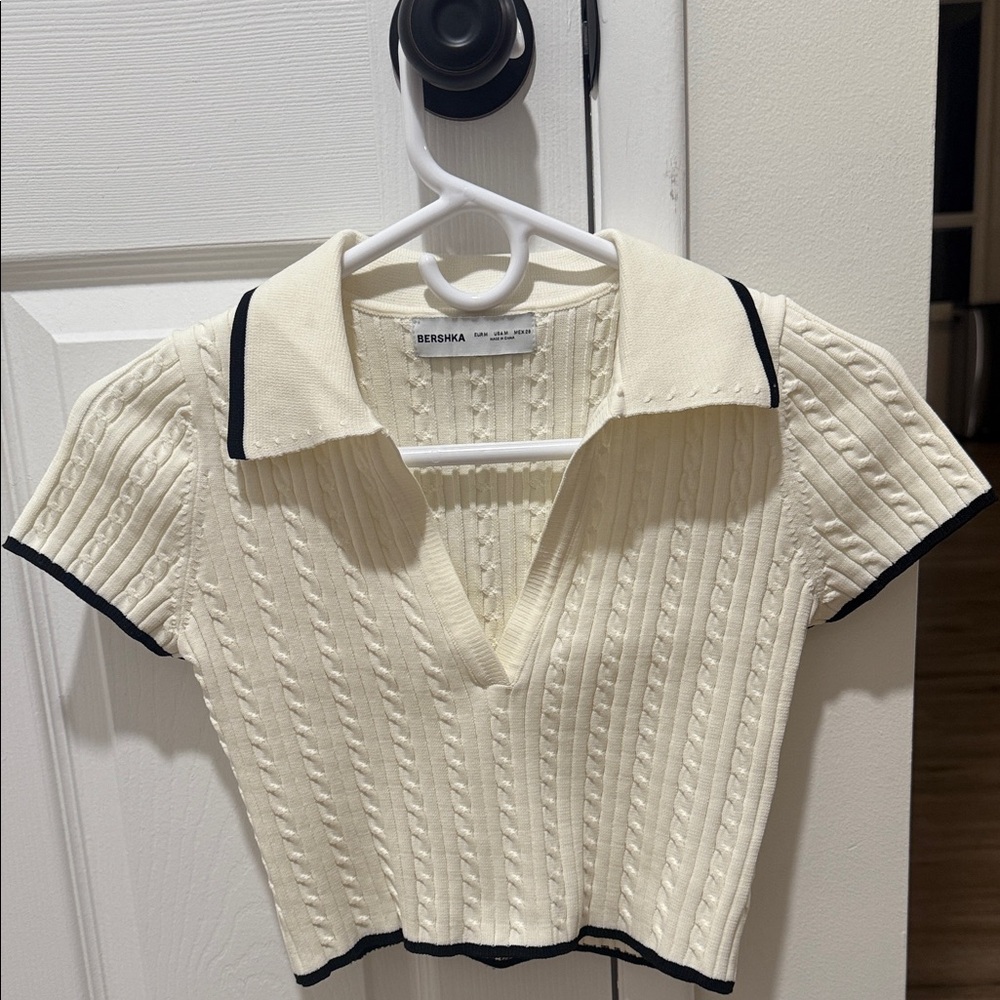 Bershka Ivory Knit Top with Black Trim